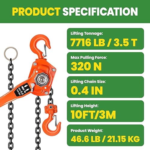 Vohala Manual Lever Hoist Come Along 3-2/1 TON 7716 LBS Capacity 10FT Lift 2 Heavy Duty Hooks Commercial Grade Steel for Lifting Pulling Construction Building Garages Warehouse Automotive Machinery - Poueer
