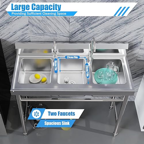 Commercial Utility Sink 3 Compartment Stainless Steel Sink Set Freestanding Restaurant Station with 2 Faucets Commercial Utility Basin for Bars, Kitchens (39 x 18 x 35.8In) - Poueer
