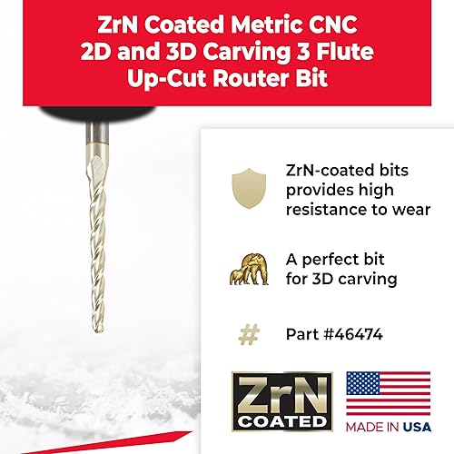 Amana Tool CNC 2D 3D Carving Angle Ball Tip Router Bit, ZrN Coated, 46474, 1 Degree Metric, 3.2 Dia x 1.6 Rad x 38 CH x 6 Shk x 75mm Long x 3 Flute - Poueer