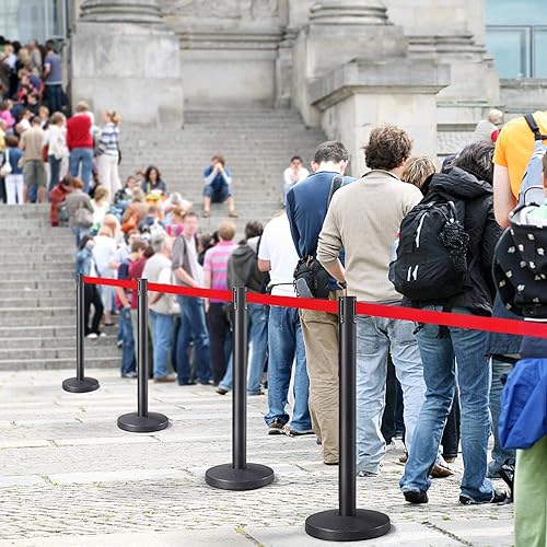 Yaheetech 4-Pack Stanchion Post Rope Barriers - Heavy Duty Black Crowd Control Stanchions 36-Inch Height with 6.5 Feet Red Retractable Belt Easy Connect Assembly - Poueer