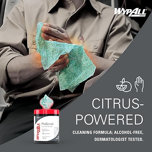 WypAll PowerClean ProScrub Heavy Duty Wet Towels (91371), Dual Action Cleaning, Large 9.5' x 12' Wipes, Bucket Included (6 Containers of 75 Sheets, 450 Sheet Total) - Poueer