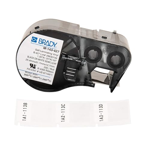 Brady Self-Laminating Vinyl Label Tape (M-143-427) - Black on White, Translucent Tape - Compatible with BMP41, BMP51, and BMP53 Label Makers - 1.25' Height, 1' Width, Black on White/Semiclear - Poueer