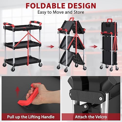3 Tier Foldable Service Cart with Wheels, Rolling Collapsible Folding Utility Cart for Home, Office, Garage, and Warehouse (Red) - Poueer