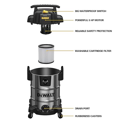 DEWALT DXV08S 8 Gallon Wet/Dry Vacuum, 4 Peak HP Shop Vacuum, Stainless Steel Tank, Silver - Poueer