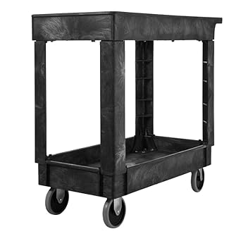 Rubbermaid Commercial Products 2-Shelf Service/Utility Cart with Wheels, 300-Pound Capacity, Black, Lipped Shelves with Handle, Use in School/Restaurant/Warehouse/Manufacturing - Poueer