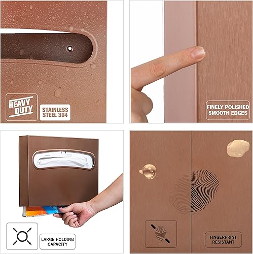 Toilet Seat Cover Dispenser - Enhanced Anti-Fingerprint Coating, HighQuality Stainless Steel, Wall-Mounted for Commercial Bathrooms - Holds 250 Seat Covers - Gold - Poueer