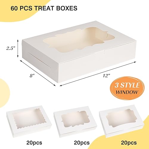 TOMNK 60pcs Bakery Boxes, 12x8x2.5 Inches 3 Style Cookie Boxes, Treat Containers with Window for Mother's Day, Candies, Chocolate Strawberries, Cakes, Muffins, Donuts - Poueer