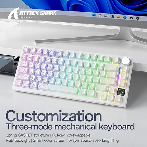 ATTACK SHARK X820ULTRA Wireless Gaming Mechanical Keyboard with TFT Smart Display&Knob,Side Printed PBT,Gasket Mounted 75% TKL Keyboard,BT5.0/2.4GHz/USB-C,RGB Backlit（White Contour,Shark Switch - Poueer
