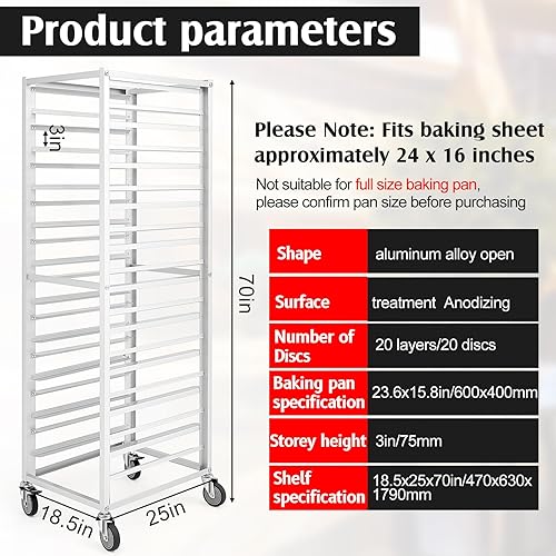 Jinei 20 Tier Aluminum Sheet Pan Rack, Commercial Bakery Rack with Wheels Baking Rack Bun Rack Pizza Pan Rack for Kitchen, Restaurant, Cafeteria, Hotel, Home, 25'' L X19'' W X70'' H - Poueer