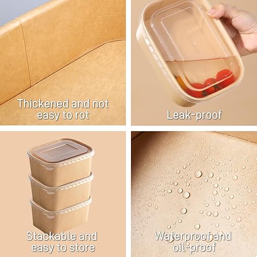 Paper Food Containers with Lids [50 pack] 35 oz Kraft Paper Meal Prep Containers with Lids, Microwavable and Freezer Storage Use Cardboard Food Containers, Disposable Take Out Containers - Poueer