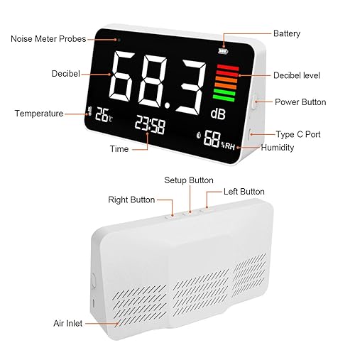Decibel Meter, Digital Desktop Sound Level Meter 30-130dBA with Temperature and Humidity Detection for Home School Library DM219N - Poueer