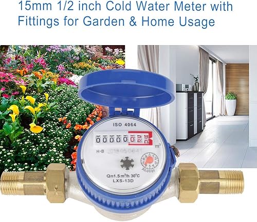 Cold Water Meter, 1/2 inch Thread Water Meter with Fittings and A Protective Cover for Garden and Home Usage - Poueer