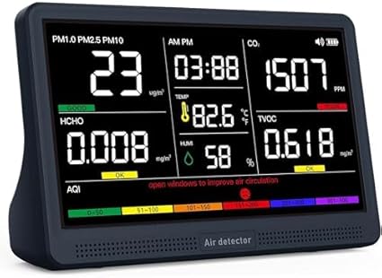 Professional Indoor Air Quality Monitor with 7X AQI Beep Alarms,16 in 1 Portable Real-Time Detector for PM2.5 | PM10 | CO2 | TVOC | HCHO | Temp | Hum for Home Cars Plants Pets - Poueer