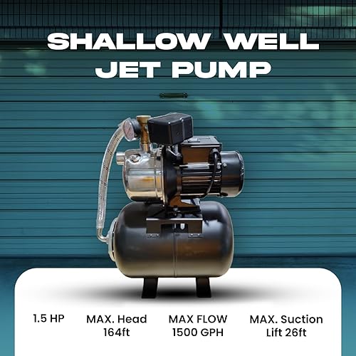 PS&W 1.5HP Shallow Well Pump with Pressure Tank, 1500GPH, 115V, Stainless Steel Irrigation Pump, Automatic Water Booster Jet Pump for Home, Garden, Lawn - Poueer