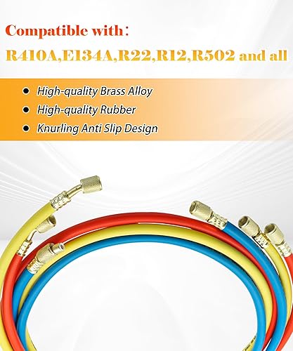 New Upgrade 29985 Plus II Manifold Hose Set,72' Standard 1/4' FL to 1/4' Low Loss Hvac Hoses Compatible with R410A and All Common Refrigerants-800 PSI Working Pressure(3 Pack) - Poueer
