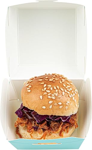 Restaurantware 2.5 x 2.5 x 2 Inch Mini Burger Boxes 100 Clamshell Food Containers - Hinged Lid Disposable Turquoise Paper Take Out Boxes Serve Sliders Or Finger Foods - Poueer