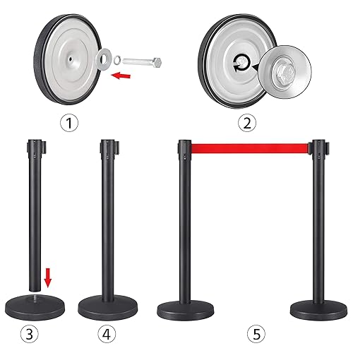 Yaheetech 4-Pack Stanchion Post Rope Barriers - Heavy Duty Black Crowd Control Stanchions 36-Inch Height with 6.5 Feet Red Retractable Belt Easy Connect Assembly - Poueer