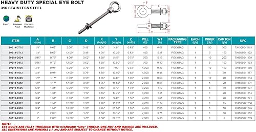 HEAVY DUTY STAINLESS EYE BOLT 1/2' X 12' (S0319-1312) - Poueer