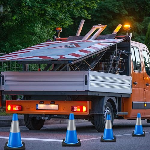 6 Pack Traffic Safety Cones Plastic PVC Blue Traffic Cones with Black Base and Reflective Collars for Street Hazards, Training, Road Construction, Parking Lot (18 Inch) - Poueer