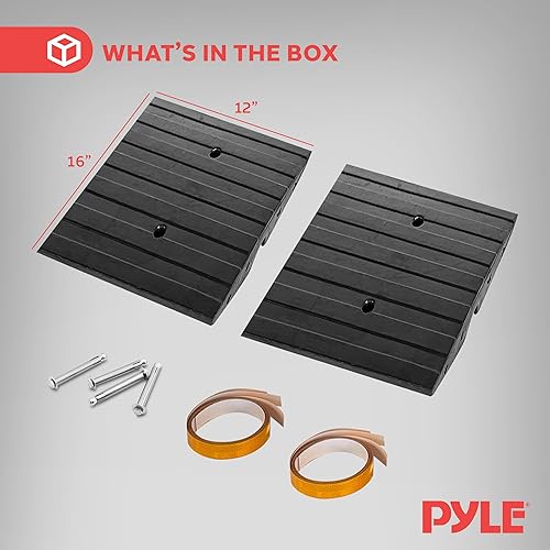 Pyle 1 Ft. Rubber Curb Ramp - Pack of 2 Heavy Duty Non-Slip Threshold Ramps for Driveways & Sidewalks, Yellow Reflective Strips, Marine Grade, Expansion Screws Included, 12.0’’x 16.0’’ x 2.6’’ Inches - Poueer
