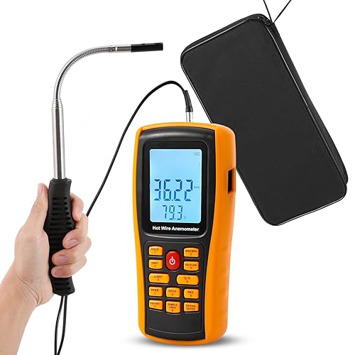 Bonvoisin Hotwire Anemometer Handheld CFM/CMM Air Flow Velocity Meter Wind Speed Gauges with Backlight LCD Display for HVAC in-Duct Airflow Air Velocity Temperature(Thermal Anemometer) - Poueer