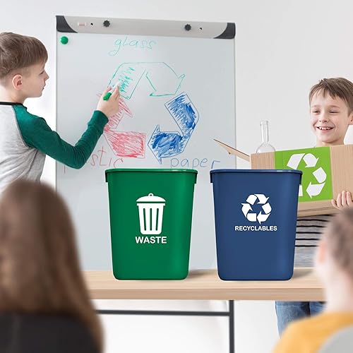 Acrimet Wastebasket Bin for Recycling and Waste, 6.75 Gallon/ 27 Quart/ 24 Liter (Plastic) (Green and Blue) (Set of 2) - Poueer