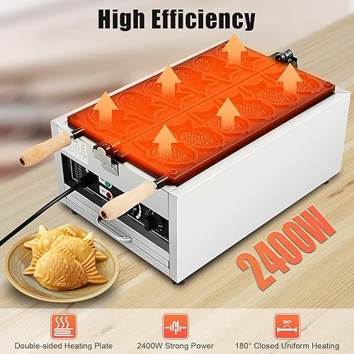Fish Waffle Maker 110V/Commercial Use, 2400W Electric Taiyaki Machine, Mini Fish Shaped Waffles with Non-Stick Coating, for Home, Restaurants, Milk Tea Shops, Dessert Shops - Poueer