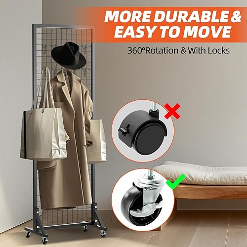 2' x 6' T Base Grid Wall Panels, 2 Pack Gridwall Panel Display Stand with Wheel, Heavy Duty Metal Grid Wall Panel with 50 Hooks, Two-Double Grid Wall Panel Display for Art Craft Display - Poueer