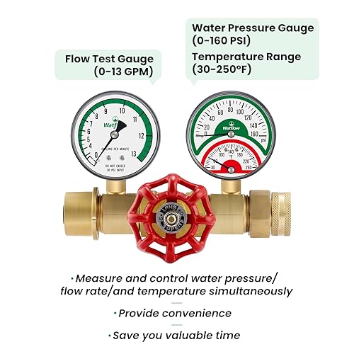 Watflow Water Flow Gauge, Temperature and Pressure Test Assembly, 0-160psi,0-13 GPM, 3/4' Female Hose Thread. - Poueer
