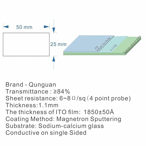 ITO (Indium tin Oxide)Coated Conductive Glass Slides 50×50mm Resistance 7 ohm/sq (8 Pcs) - Poueer