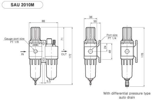 PneumaticPlus SAU2010M-N02G Mini Two-Unit Compressed Air Filter Regulator Lubricator Piggyback Combo 1/4' NPT - Poly Bowl, Manual Drain, Gauge - Poueer