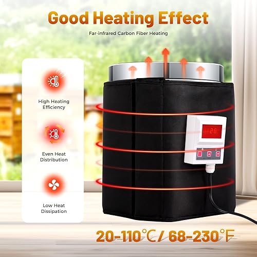 5 Gallon Insulated Pail Heater Honey Heating Blanket with Digital Display, 110V 400W Electric Honey Bucket Heater, 68-230℉ Bee Honey Warming Blanket for Honey Producers and Beekeepers - Poueer