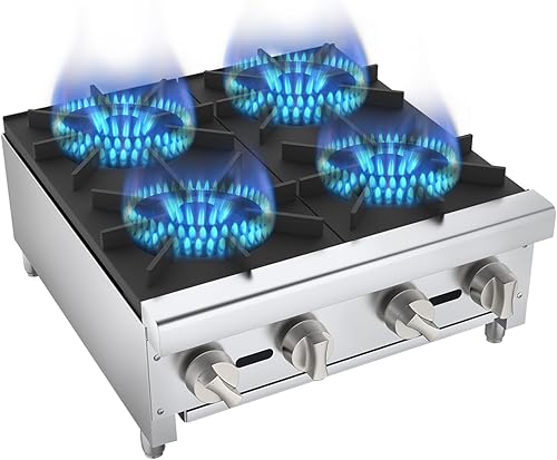 4 Burners Gas Stove, Propane and Natural Gas Commercial Hot Plate, 24' Stainless Steel Wok Countertop Commercial Range, Outdoor Cooker, Restaurant Equipment Gas Stove Burner - Poueer