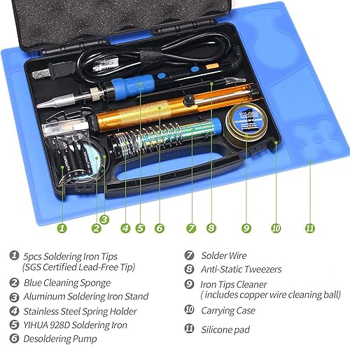 YIHUA 928D-III Soldering Iron,110W High Power, Fully Digital Display °F /°C- Temperature Control Soldering Tool, Accurate 194~896°F, with ON/OFF Switch, Iron Tip, Brass Wool, Automatic Sleep Mode - Poueer