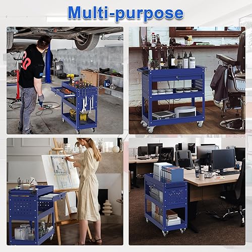 3 Tier Foldable Service Cart with Wheels, Rolling Collapsible Folding Utility Cart for Home, Office, Garage, and Warehouse (Red) - Poueer
