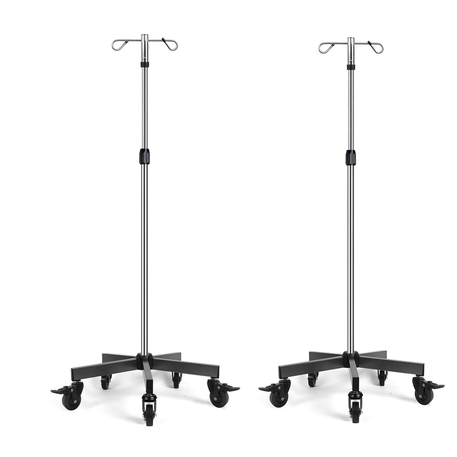 IV Poles IV Stands Portable Rolling 2 Hook 5 Legs Adjustable Height with Brake Wheels, Stainless Steel - Poueer