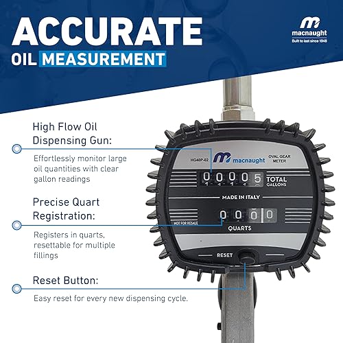Macnaught Pneumatic Oil Gun with Oil Control Valve Meter Nozzle and 1/2' inch NPT Inlet, Mechanical Engine, Lube, Gear and Motor Oil Dispenser Registers in Quarts and Totals in Gallons - Poueer