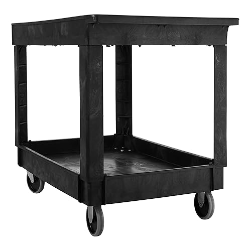 Rubbermaid Commercial Products 2-Shelf Service/Utility Cart with Wheels, 300-Pound Capacity, Black, Lipped Shelves with Handle, Use in School/Restaurant/Warehouse/Manufacturing - Poueer