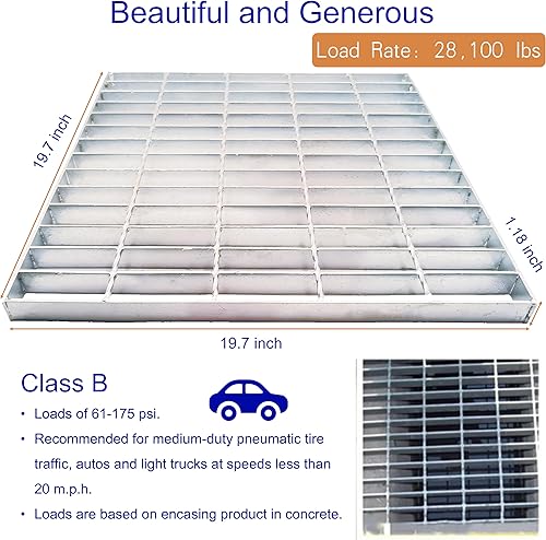 Galvanized Steel Drain Grate with Base, 16x16 Outdoor Drain Cover and Frame, B Class Sewer Grate with Lip, Durable Heavy Duty Channel Grate, Sliver Square Drainage Grate Driveway - Poueer