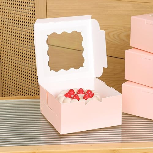 100 pcs 6x6x3 Inches Small Cake Box with Window, Bakery Pastry Cookie Boxes, Mini Pie for Pastry,Dessert,Strawberries,Chocolates, Cupcakes with paper stickers (Brown) - Poueer