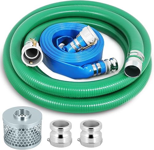 Heavy Duty 2' x 20' Green PVC Discharge Hose Pump Kit, Pool Suction Hose with Aluminum Camlock Fittings, Steel Round Strainer, Cam & Groove Adapter - Poueer