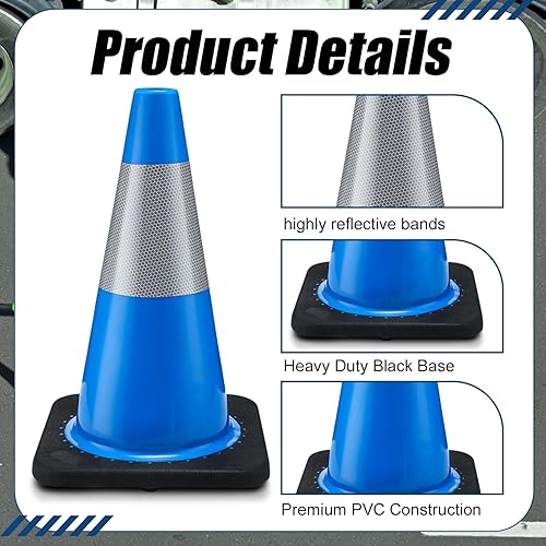 6 Pack Traffic Safety Cones Plastic PVC Blue Traffic Cones with Black Base and Reflective Collars for Street Hazards, Training, Road Construction, Parking Lot (18 Inch) - Poueer