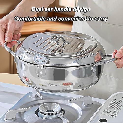 Deep Fryer Pot, 11 Inch 4.2L Stainless Steel Japanese Tempura Frying Pot with Lid, Temperature Control, Oil Drip Drainer Rack for Fried Chicken, Shrimp, French Chips - Poueer