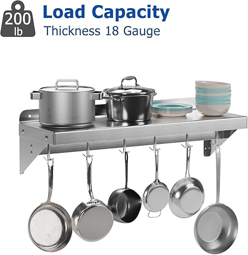 12' x 36' NSF Certified Stainless Steel Wall Mount Shelf - Multifunctional Metal Storage Rack with Backsplash and 6 Hooks - Poueer