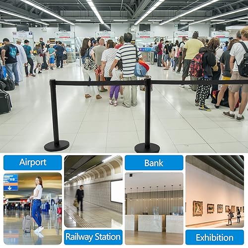 Geelin 6 Pack 9.8 ft Heavy Duty Crowd Control Stanchions Stainless Steel Stanchion Set with 6 Safety Barrier Post with Retractable Belt and 1 Sign Holder Crowd Control Barrier (Black) - Poueer