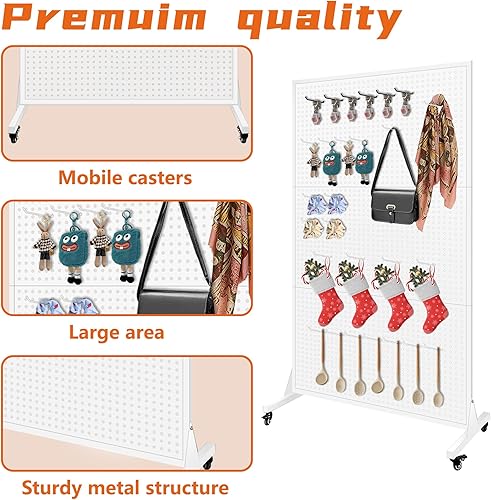 Royxen Metal Pegboard 3.5 x 6 Feet with 50 Hooks, Peg Board Display Stand with Wheels, Standing Pegboard Display, White - Poueer