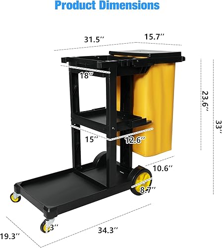 Cleaning Cart on Wheels with 3 Shelves, Commercial Housekeeping Cart- Ideal for Hotels, Business Centers & Apartments, Includes Yellow Garbage Bag & Lid - Poueer