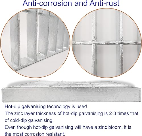 Galvanized Steel Drain Grate with Base, 16x16 Outdoor Drain Cover and Frame, B Class Sewer Grate with Lip, Durable Heavy Duty Channel Grate, Sliver Square Drainage Grate Driveway - Poueer