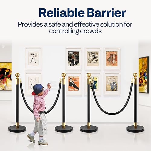 VIVOHOME Heavy Duty Iron Stanchion Post Queue 4PCS Pole w/ 2 Black Velvet Ropes, Crowd Control Barriers w/Fillable Base for High-end Venues, Museums, Party Supplies (4 Pieces, Black and Golden) - Poueer