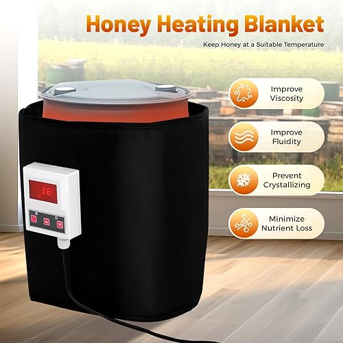 5 Gallon Insulated Pail Heater Honey Heating Blanket with Digital Display, 110V 400W Electric Honey Bucket Heater, 68-230℉ Bee Honey Warming Blanket for Honey Producers and Beekeepers - Poueer